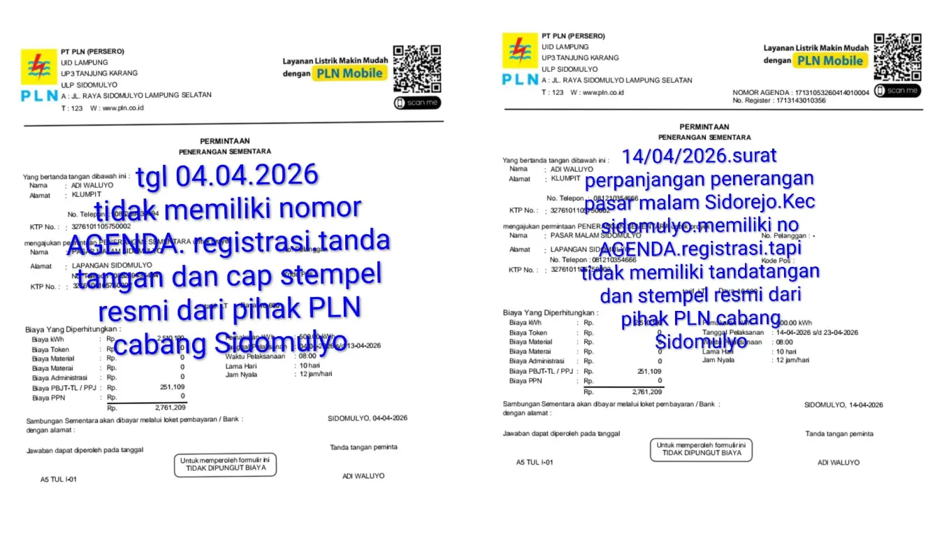 BOM, PERBEDAAN ADMINISTRATIF SURAT IZIN LISTRIK PASAR MALAM SIDOREJO: YANG DI KELUARKAN PLN SIDOMULYO,KEDUA VERSI DINILAI CACAT FORMIL.